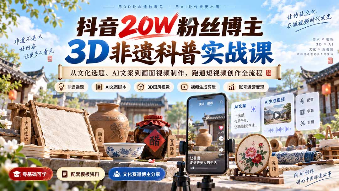 抖音20W粉丝博主3D非遗科普实战课:从文化选题、AI文案到画面视频制作,跑通短视频创作全流程-优优云网创