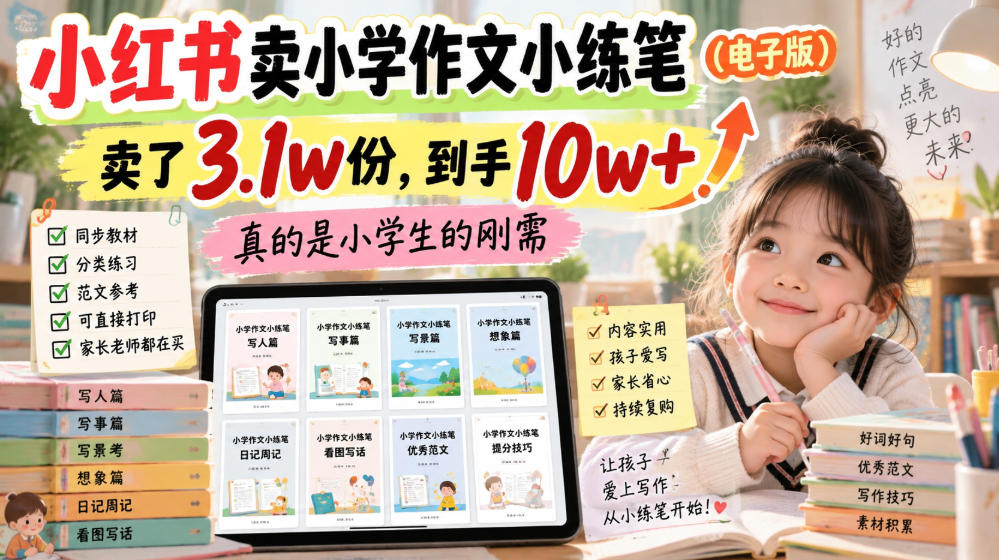 小红书卖小学作文小练笔(电子版)，卖了3.1w份，到手10w+，真的是小学生的刚需-优优云网创