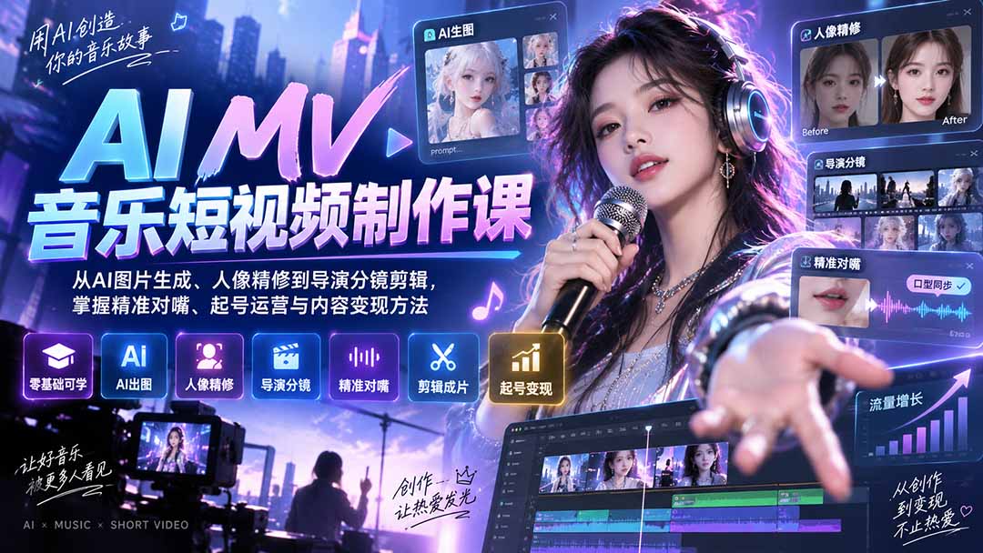 AI MV音乐短视频制作课:从AI图片生成、人像精修到导演分镜剪辑,掌握精准对嘴、起号运营与内容变现方法-优优云网创
