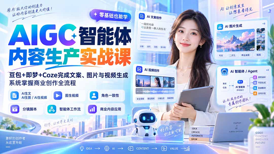 AIGC智能体内容生产实战课:豆包+即梦+Coze完成文案、图片与视频生成,系统掌握商业创作全流程-优优云网创