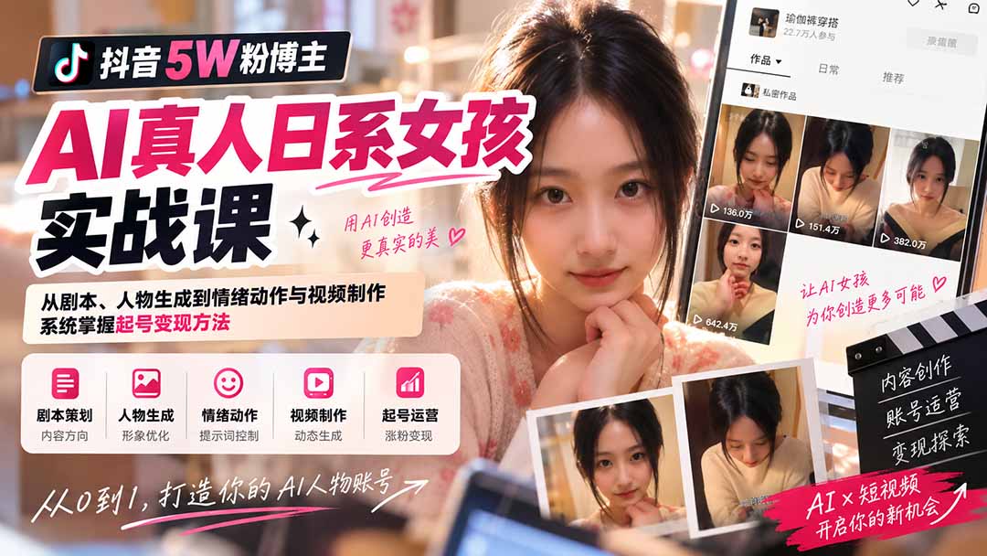 抖音5W粉博主AI真人日系女孩实战课：从剧本、人物生成到情绪动作与视频制作，系统掌握起号变现方法-优优云网创