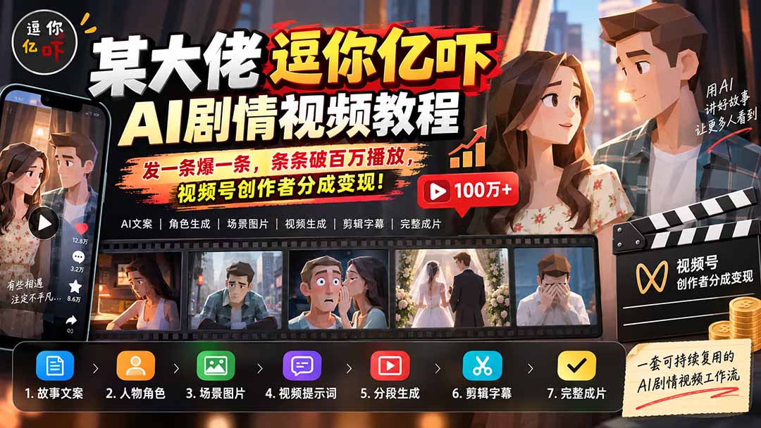 某大佬逗你亿吓AI低模剧情视频制作教程：发一条爆一条，条条破百万播放，利用视频号创作者分成变现!-优优云网创
