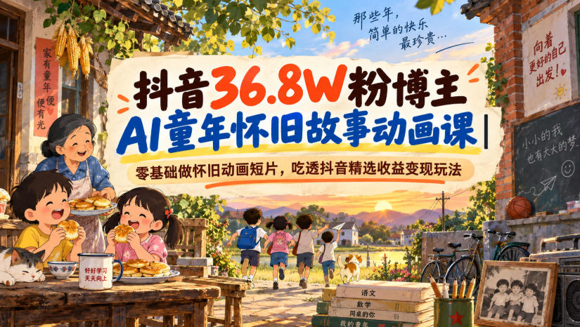 抖音36.8W粉博主AI童年怀旧故事动画课|零基础做怀旧动画短片,吃透抖音精选收益变现玩法-优优云网创
