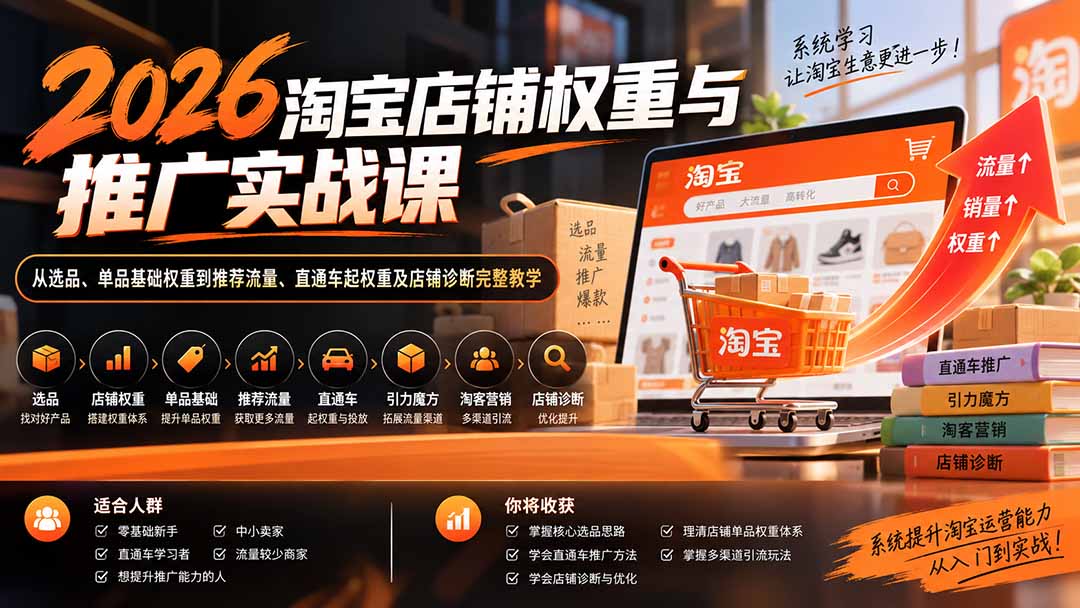 2026淘宝店铺权重与推广实战课：从选品、单品基础权重到推荐流量、直通车起权重及店铺诊断完整教学-优优云网创