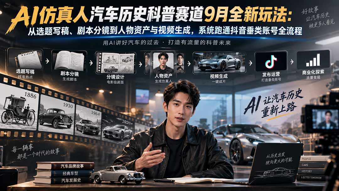 AI仿真人汽车历史科普赛道9月全新玩法：从选题写稿、剧本分镜到人物资产与视频生成，系统跑通抖音垂类账号全流程-优优云网创