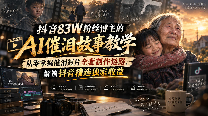 抖音83W粉丝博主的AI催泪故事教学,从零掌握催泪短片全套制作链路,解锁抖音精选独家收益-优优云网创
