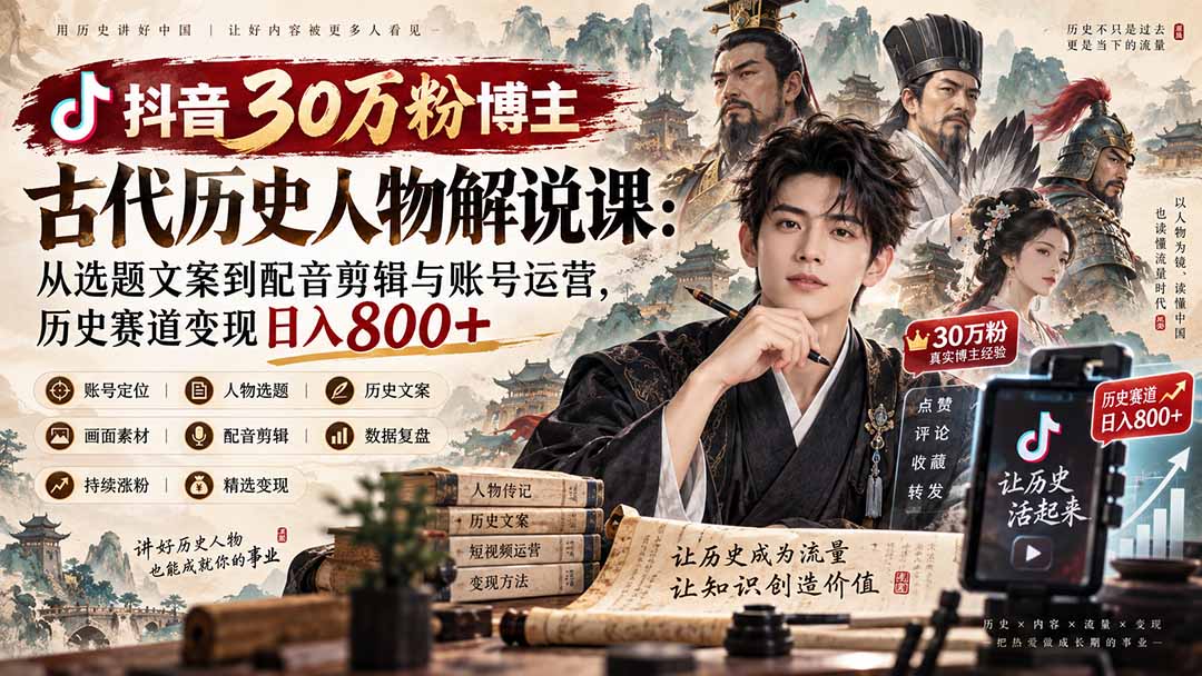 抖音30万粉博主古代历史人物解说课:从选题文案到配音剪辑与账号运营,历史赛道变现日入800+-优优云网创
