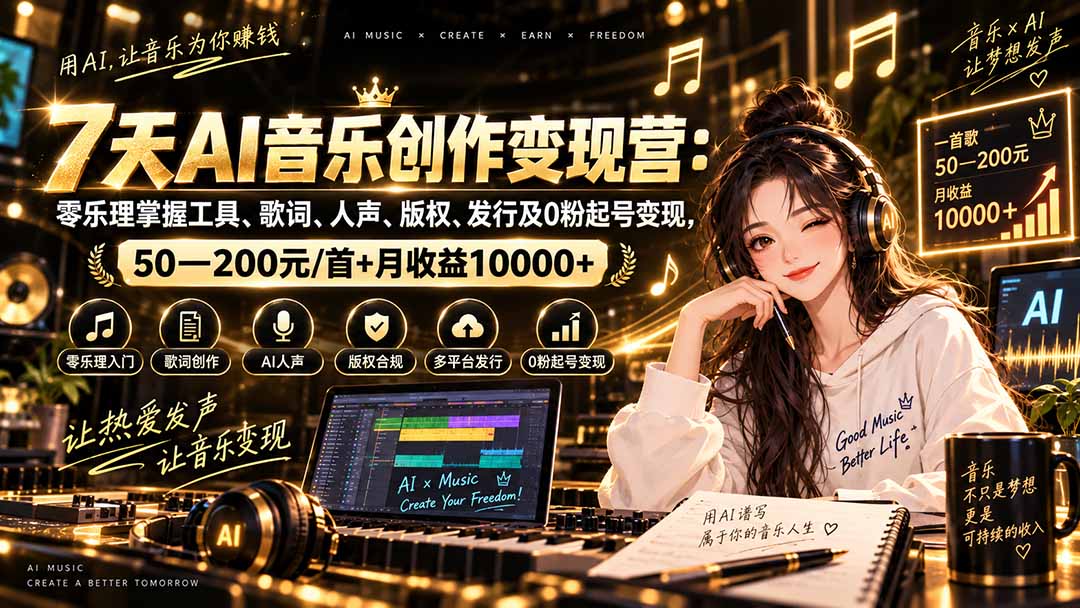 AI音乐创作变现营:零乐理掌握工具、歌词、人声、版权、发行及0粉起号变现,50—200元/首+月收益10000+-优优云网创