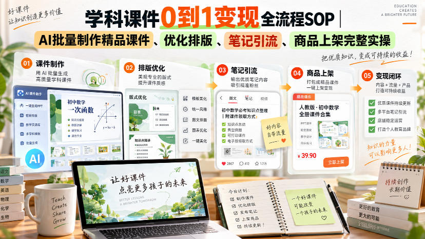 学科课件0到1变现全流程SOP｜AI批量制作精品课件、优化排版、笔记引流、商品上架完整实操​-优优云网创