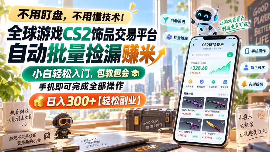 全球游戏CS2饰品交易平台自动批量捡漏赚米,小白轻松入门,包教包会,手机即可完成全部操作,日入300+【轻松副业】-优优云网创