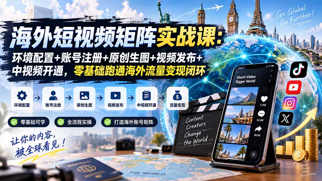 海外短视频矩阵实战课:环境配置+账号注册+原创生图+视频发布+中视频开通,零基础跑通海外流量变现闭环-优优云网创