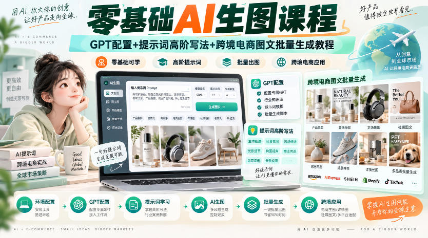零基础AI生图课程,GPT配置+提示词高阶写法+跨境电商图文批量生成教程-优优云网创