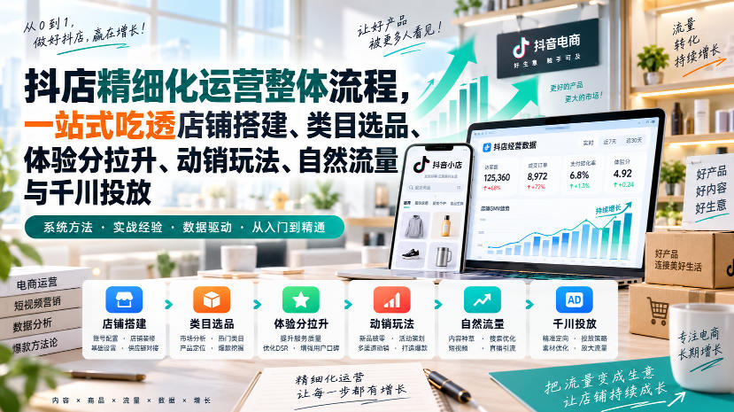 李哥电商-抖店精细化运营整体流程,一站式吃透店铺搭建、类目选品、体验分拉升、动销玩法、自然流量与千川投放-优优云网创