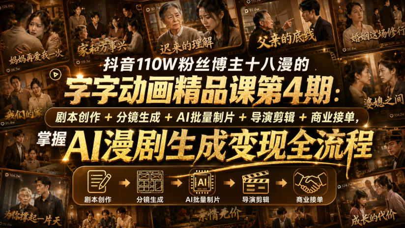 抖音110W粉丝博主十八漫的字字动画精品课第4期:剧本创作+分镜生成+剪辑+商业接单,掌握AI漫剧生成变现全流程(更新0916)-优优云网创