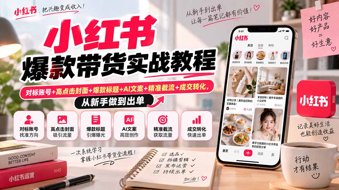 小红书爆款带货实战教程｜对标账号+高点击封面+爆款标题+AI文案+精准截流+成交转化，从新手做到出单-优优云网创