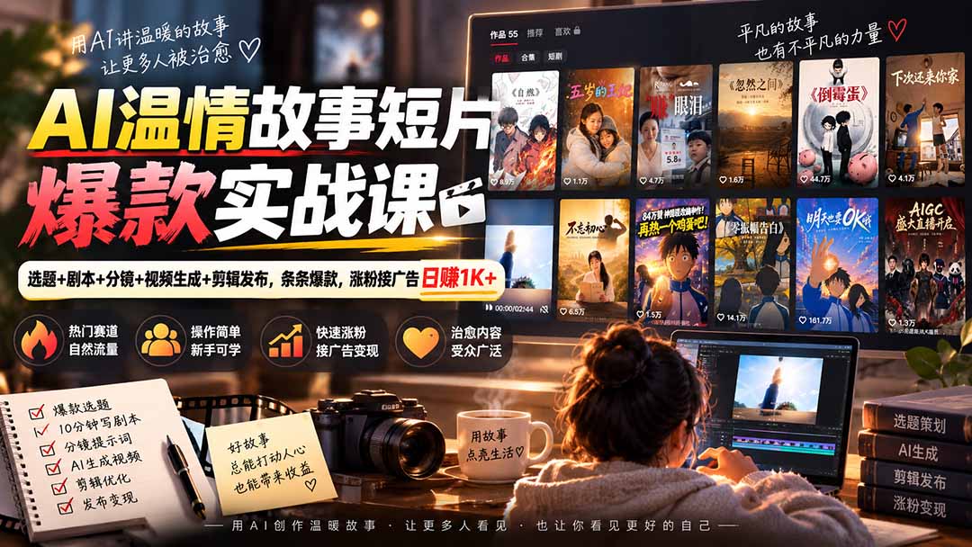 AI温情故事短片爆款实战课-更新|选题+剧本+分镜+视频生成+剪辑发布,条条爆款,涨粉接广告日赚1K+-优优云网创