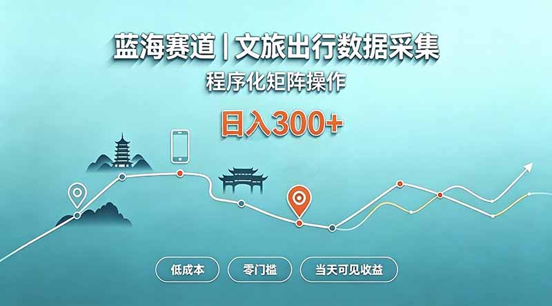 蓝海赛道  文旅出行数据采集  程序化矩阵操作    低成本  零门槛   当天可见收益   日入300+-优优云网创