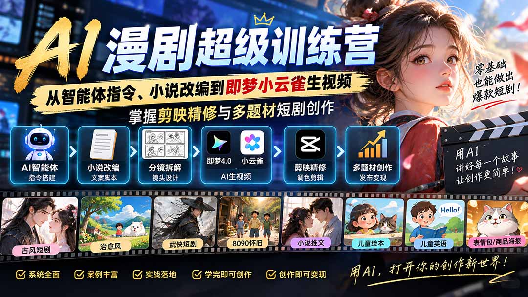 AI漫剧超级特训营:从智能体指令、小说改编到即梦小云雀生视频,掌握剪映精修与多题材短剧创作-优优云网创