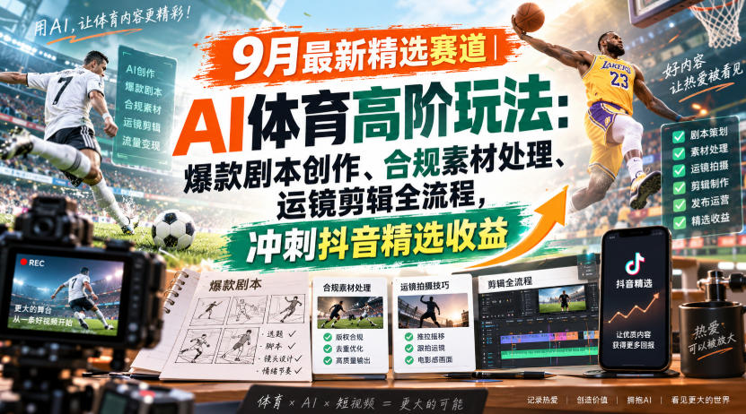 某大佬的9月最新精选赛道之AI体育顶级玩法,爆款剧本创作、版权规避、运镜剪辑全流程,稳拿抖音精选收益-优优云网创