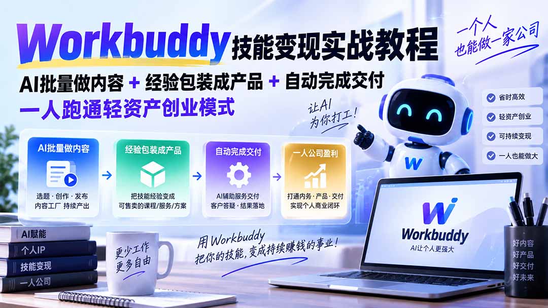 Workbuddy技能变现实战教程:AI批量做内容+经验包装成产品+自动完成交付,一人跑通轻资产创业模式-优优云网创