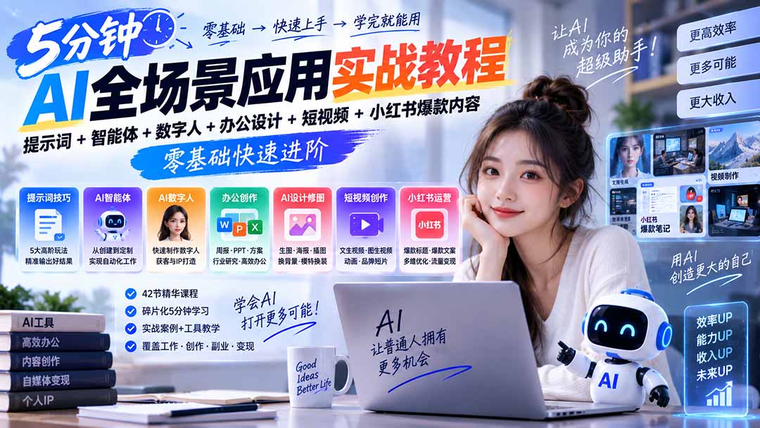 AI全场景应用实战教程|提示词+智能体+数字人+办公设计+短视频+小红书爆款内容,零基础快速进阶-优优云网创