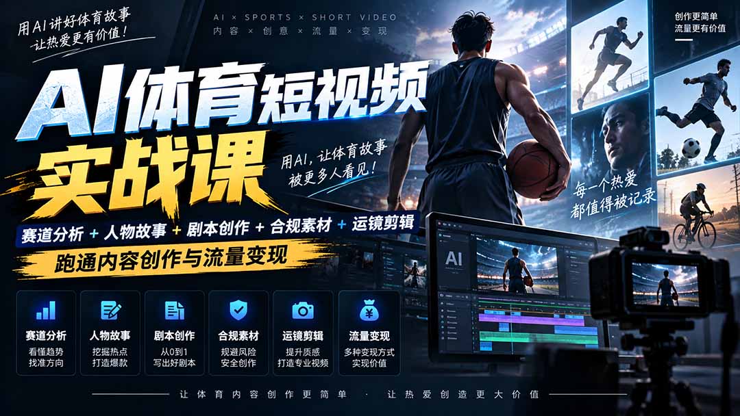 AI体育短视频赛道顶级玩法|赛道分析+人物故事+剧本创作+版权处理+运镜剪辑,跑通流量变现-日赚1K+-优优云网创