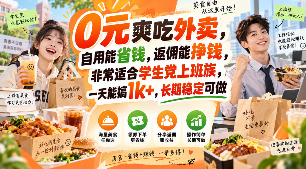 0元爽吃外卖,自用能省钱,返佣能挣钱,非常适合学生党上班族,一天能搞1k+,长期稳定可做-优优云网创