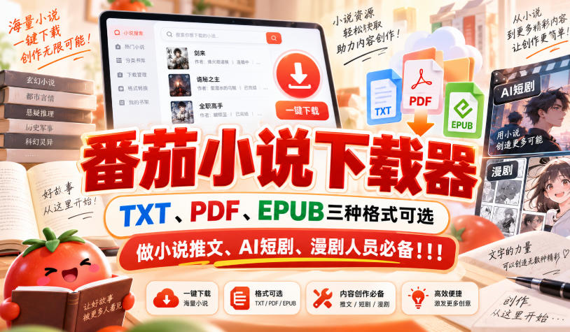 番茄小说下载器,TXT、PDF、EPUB三种格式可选,做小说推文、AI短剧、漫剧人员必备!!!-优优云网创