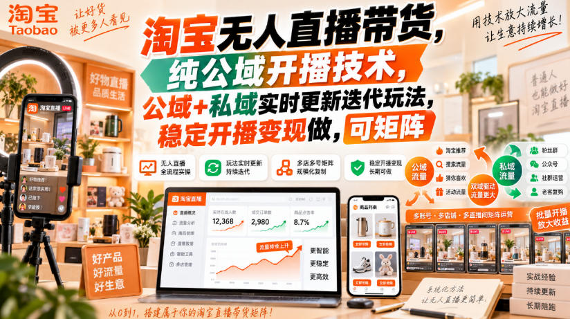 淘宝无人直播带货,纯公域开播技术,公域+私域实时更新迭代玩法,稳定开播变现做,可矩阵【揭秘】-优优云网创
