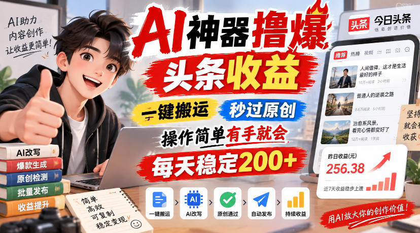 AI神器撸爆头条收益,一键搬运,秒过原创,操作简单有手就会,每天稳定200+【揭秘】-优优云网创