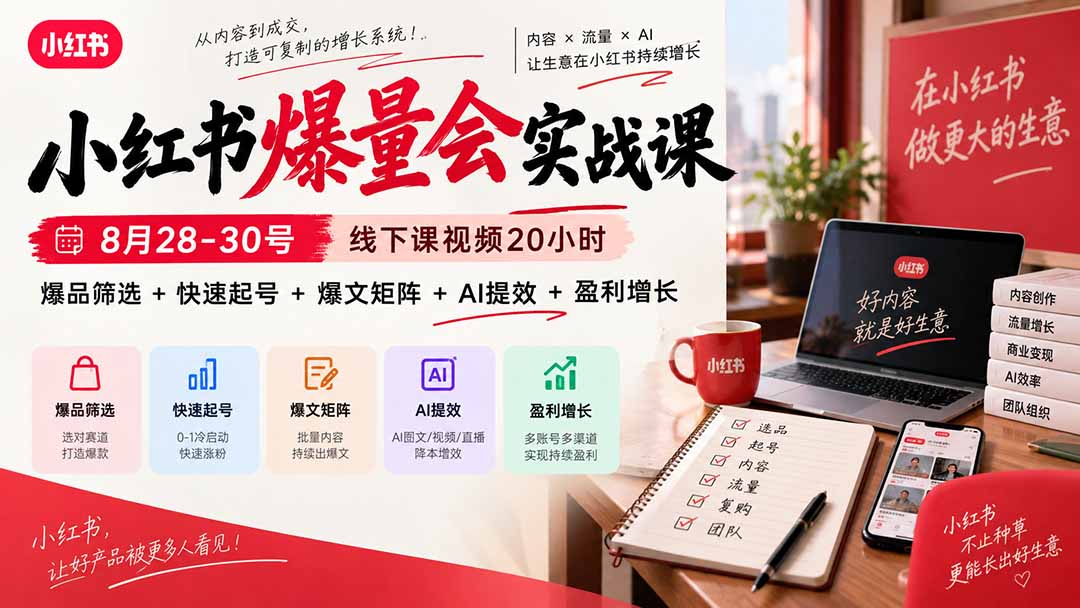 小红书爆量会实战课-更新9月17:线下课视频20小时,爆品筛选+快速起号+爆文矩阵+AI提效+盈利增长-优优云网创