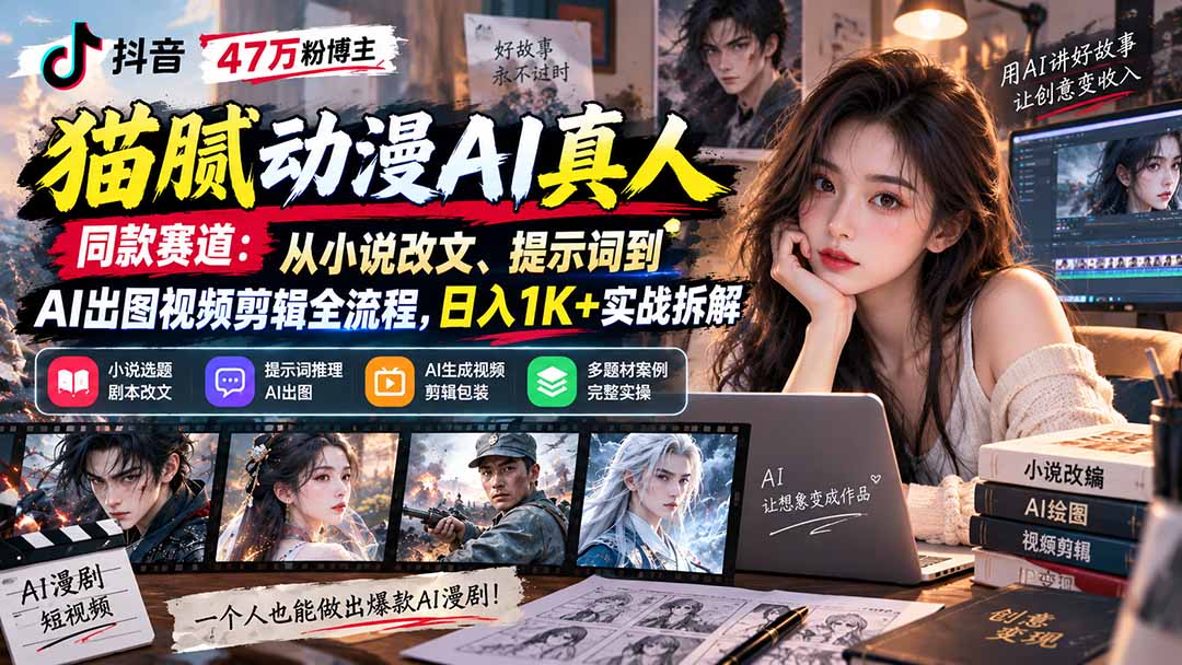 抖音47万粉博主猫腻动漫AI真人同款赛道:从小说改文、提示词到AI出图视频剪辑全流程,日入1K+实战拆解-优优云网创