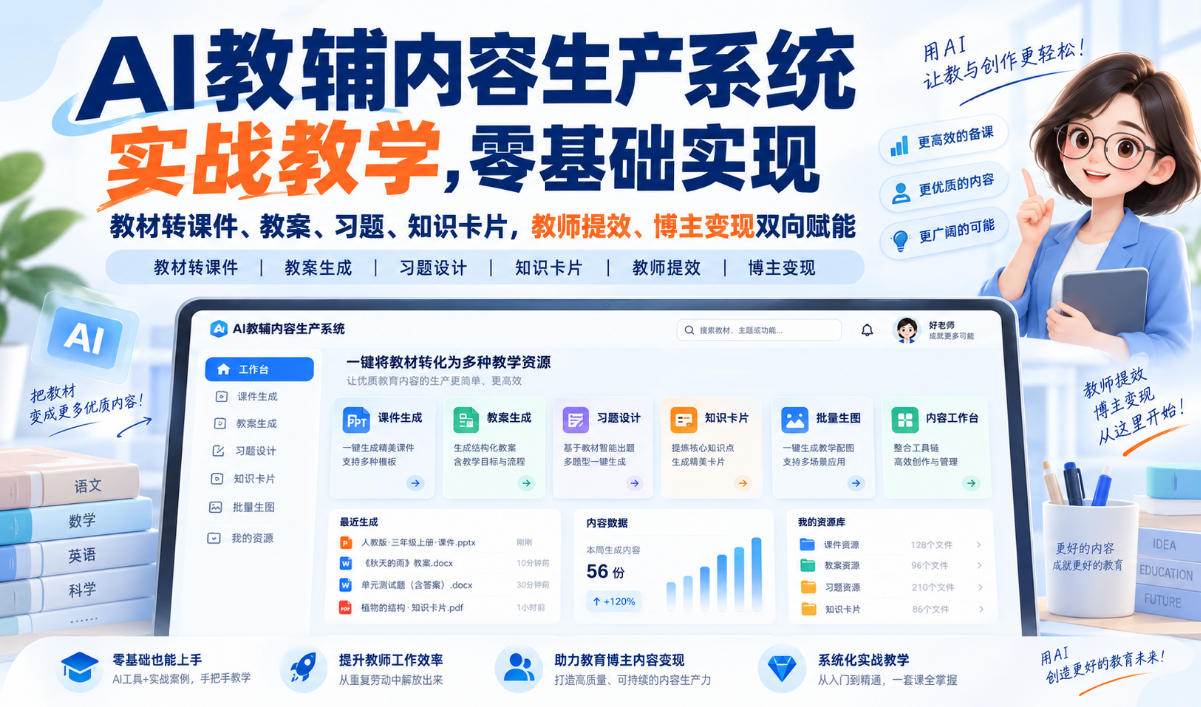 AI教辅内容生产系统实战教学，零基础实现教材转课件、教案、习题、知识卡片，教师提效、博主变现双向赋能-优优云网创