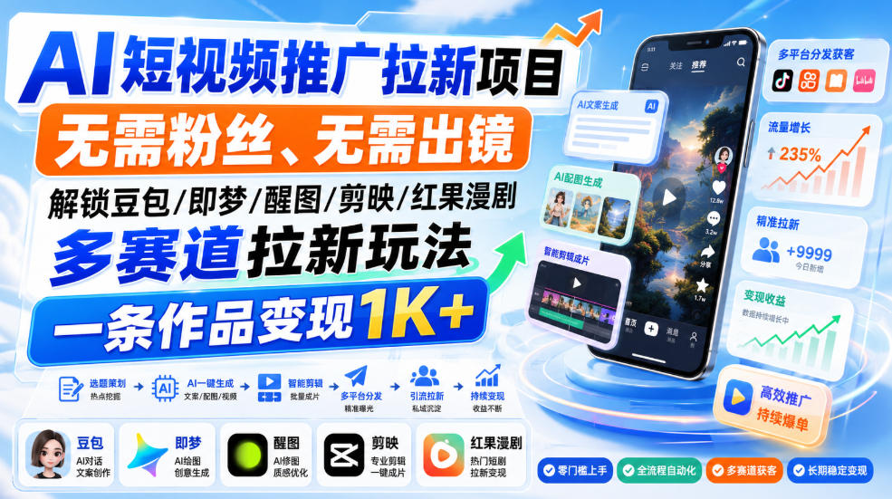 AI短视频推广拉新项目,无需粉丝、无需出镜,解锁豆包/即梦/醒图/剪映/红果漫剧多赛道拉新玩法,一条作品变现1K+(更新0918)-优优云网创