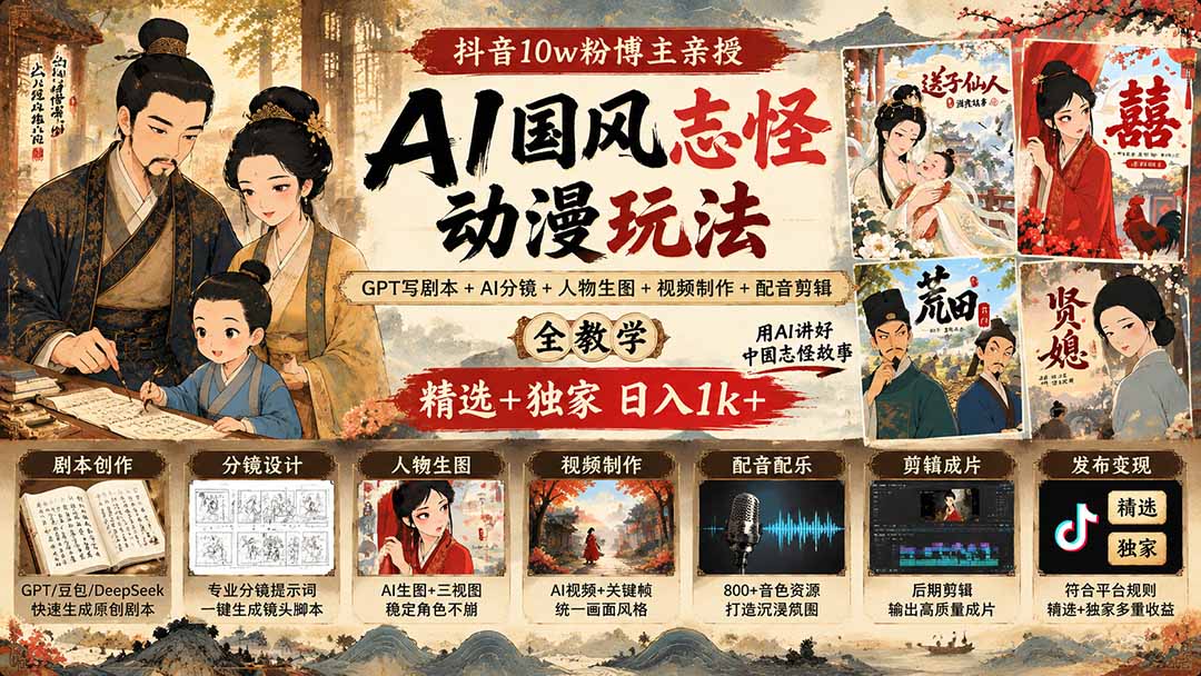 抖音10w粉博主亲授AI国风志怪动漫玩法|GPT写剧本+AI分镜+人物生图+视频制作+配音剪辑全教学|精选+独家日入1k+-优优云网创