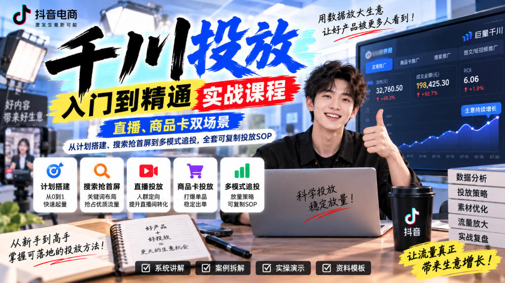 千川投放入门到精通实战课程，直播、商品卡双场景，从计划搭建、搜索抢首屏到多模式追投，全套可复制投放SOP-优优云网创