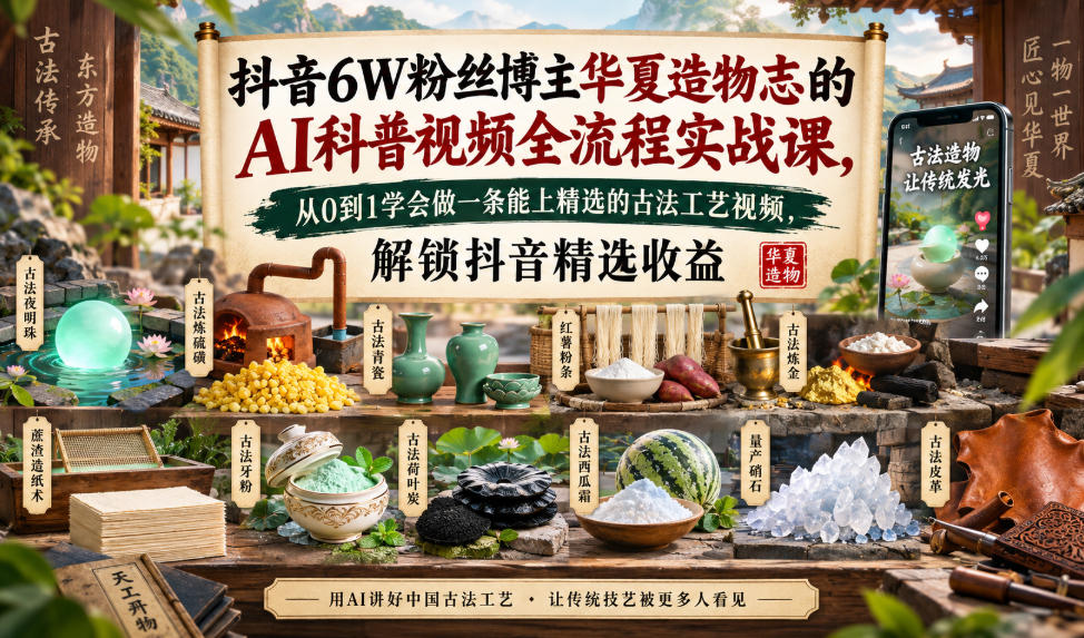 抖音6W粉丝博主华夏造物志的AI科普视频全流程实战课，从0到1学会做一条能上精选的古法工艺视频，解锁抖音精选收益-优优云网创