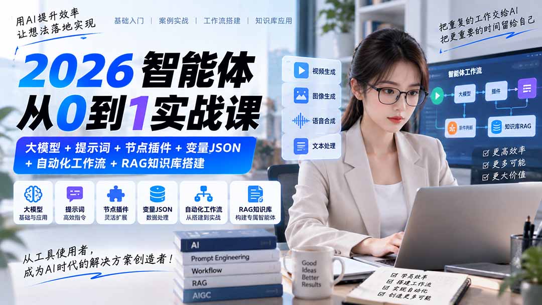 2026智能体从0到1实战课｜大模型+提示词+节点插件+变量JSON+自动化工作流+RAG知识库搭建-优优云网创