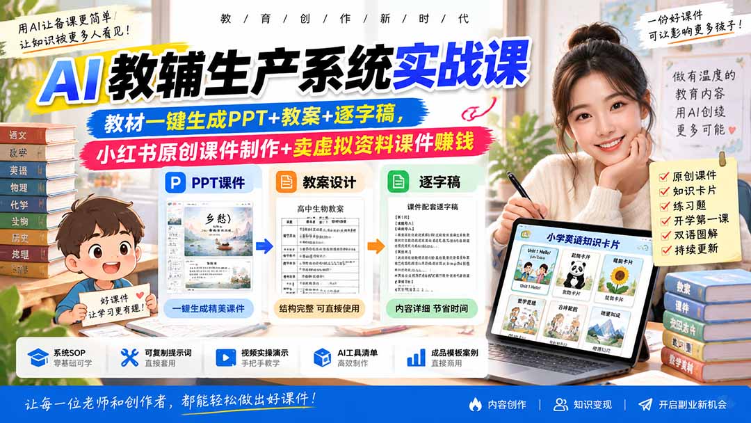 AI教辅生产系统实战课｜教材一键生成PPT+教案+逐字稿，小红书原创课件制作+卖虚拟资料课件赚钱-优优云网创