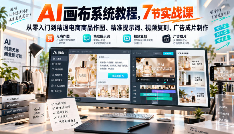 AI画布系统教程,7节实战课从零入门到精通电商商品作图、精准提示词、视频复刻、广告成片制作-优优云网创