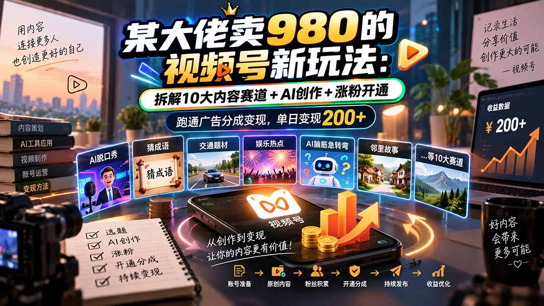 某大佬卖980的视频号新玩法：拆解10大内容赛道+AI创作+涨粉开通，跑通广告分成变现，单日变现200+-优优云网创