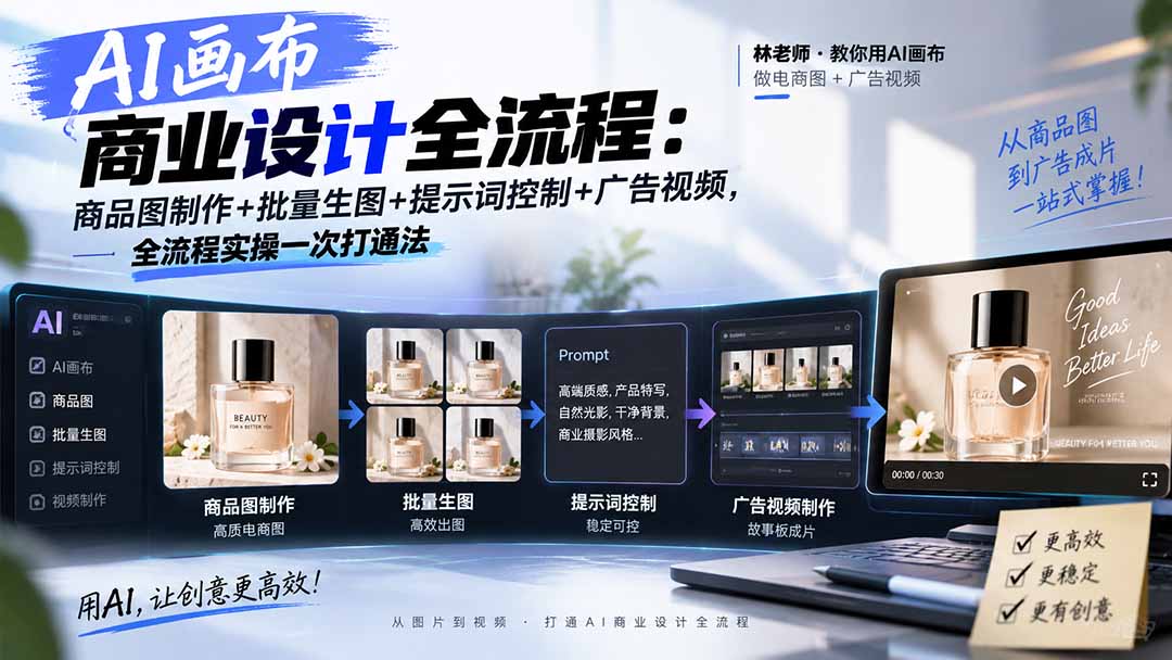 AI画布商业设计全流程：商品图制作+批量生图+提示词控制+广告视频，全流程实操一次打通法-优优云网创