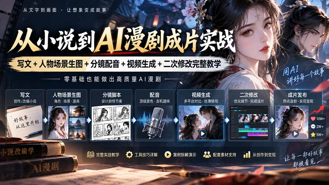 从小说到AI漫剧成片实战：写文+人物场景生图+分镜配音+视频生成+二次修改完整教学-优优云网创