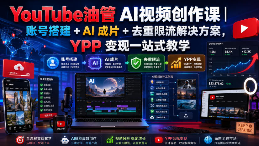 YouTube油管AI视频创作课|账号搭建+AI成片+去重限流解决方案,YPP变现一站式教学(更新0925)-优优云网创