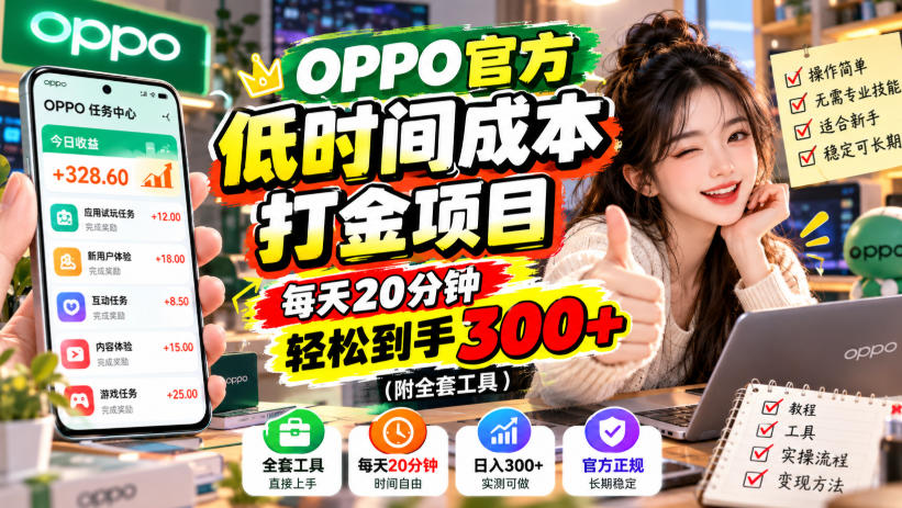 OPPO官方低时间成本打金项目，每天20分钟，轻松到手300+(附全套工具)【揭秘】-优优云网创