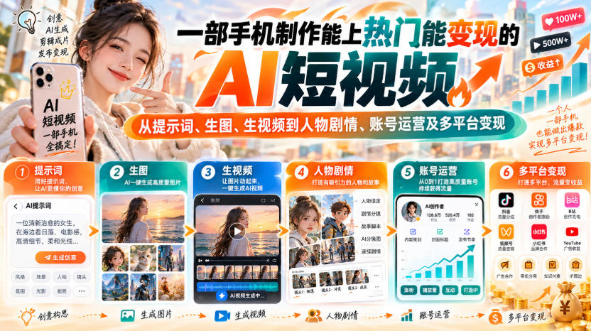 【无水印】一部手机制作能上热门能变现的AI短视频,从提示词、生图、生视频到人物剧情、账号运营及多平台变现-优优云网创