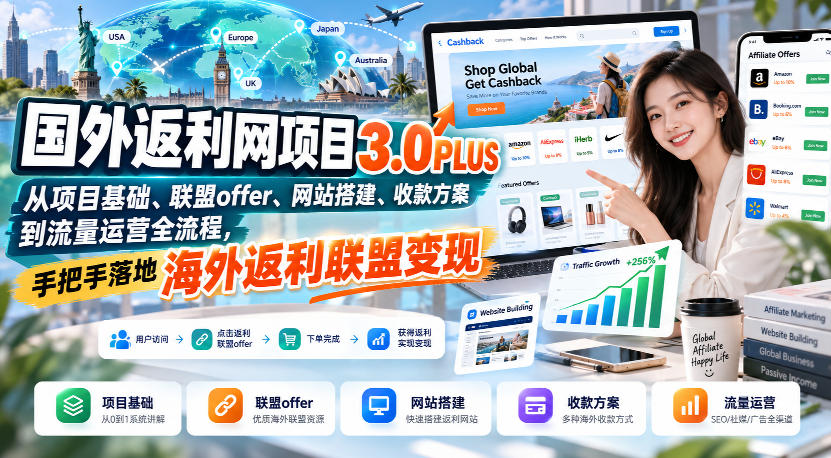 国外返利网项目3.0PLUS,从项目基础、联盟offer、网站搭建、收款方案到流量运营全流程,手把手落地海外返利联盟变现-优优云网创