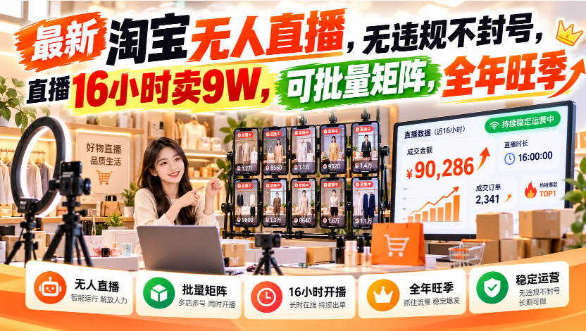 最新淘宝无人直播,无违规不封号,直播16小时卖9W,可批量矩阵,全年旺季【揭秘】-优优云网创