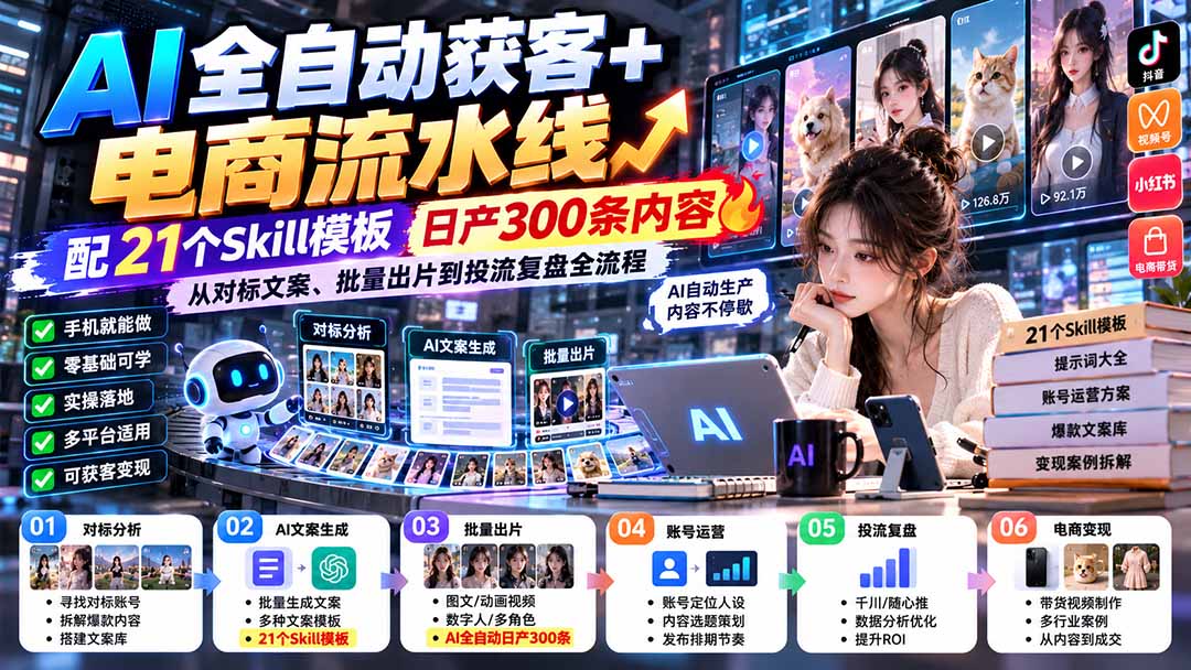 【无水印】AI全自动获客+电商流水线:配21个Skill模板,日产300条内容,从对标文案、批量出片到投流复盘全流程-优优云网创