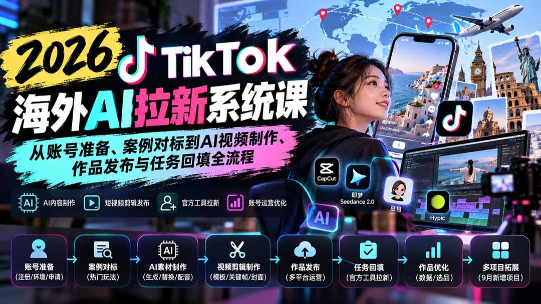 【无水印】2026 TikTok海外AI拉新系统课:从账号准备、案例对标到AI视频制作、作品发布与任务回填全流程-优优云网创